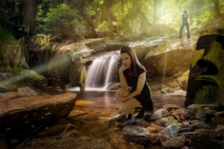 photoshop composite, girl, rino, riverbed, gargoyle, shrooms