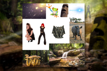 photoshop composite, girl, rino, riverbed, gargoyle, shrooms