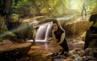 photoshop composite, girl, rino, riverbed, gargoyle, shrooms