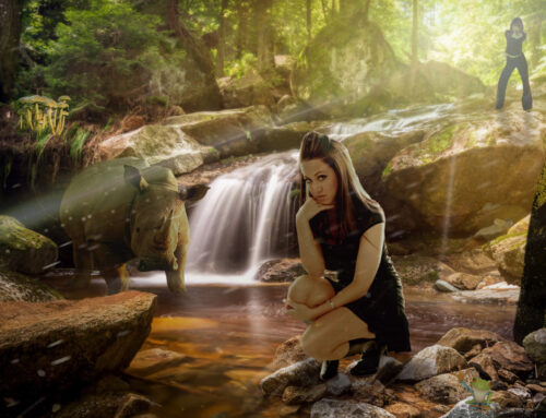 Photoshop composite, girl, rino, riverbed, gargoyle, shrooms