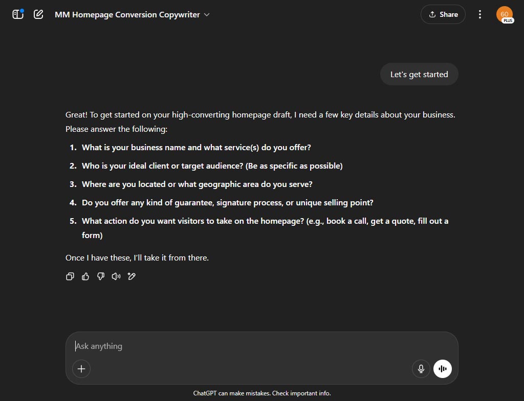 Homepage Conversion Copywriter GPT screenshot 2