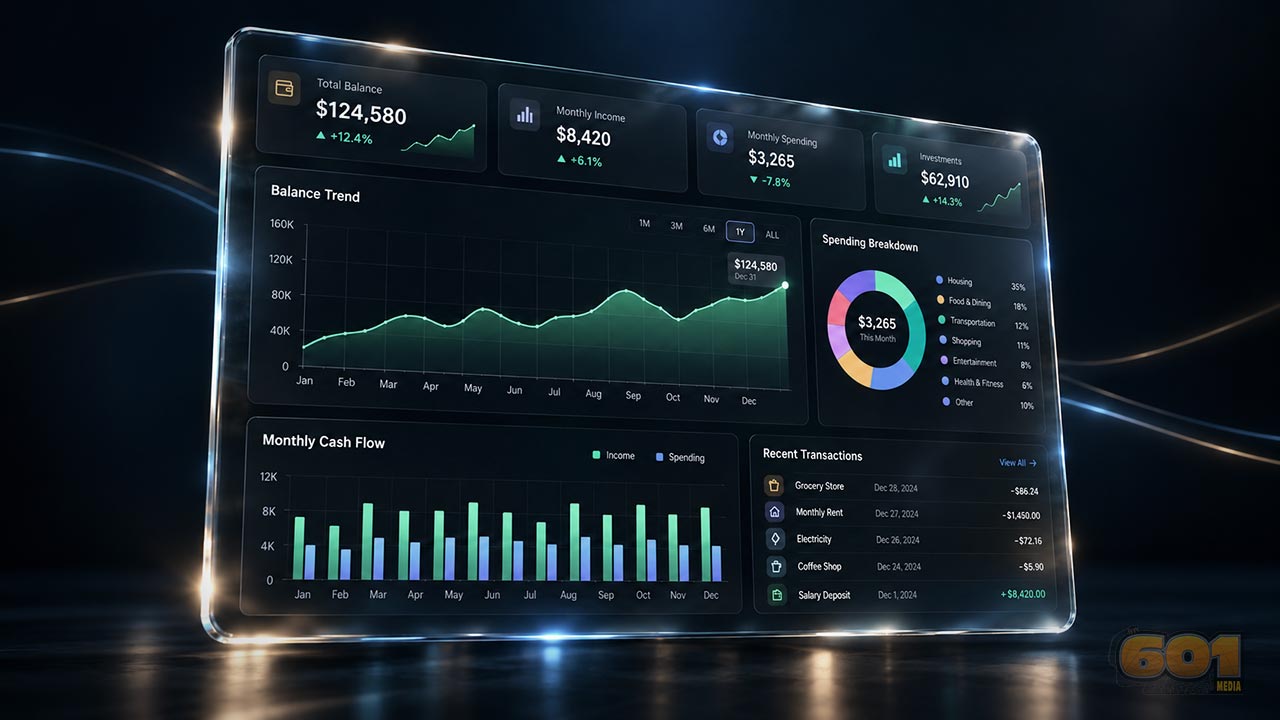 Illustration of a floating financial dashboard showing balances, income, spending charts, and recent transactions.